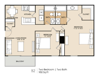 2 Bed / 2 Bath / 950 sq ft / Deposit: $250 / Rent: $1,540